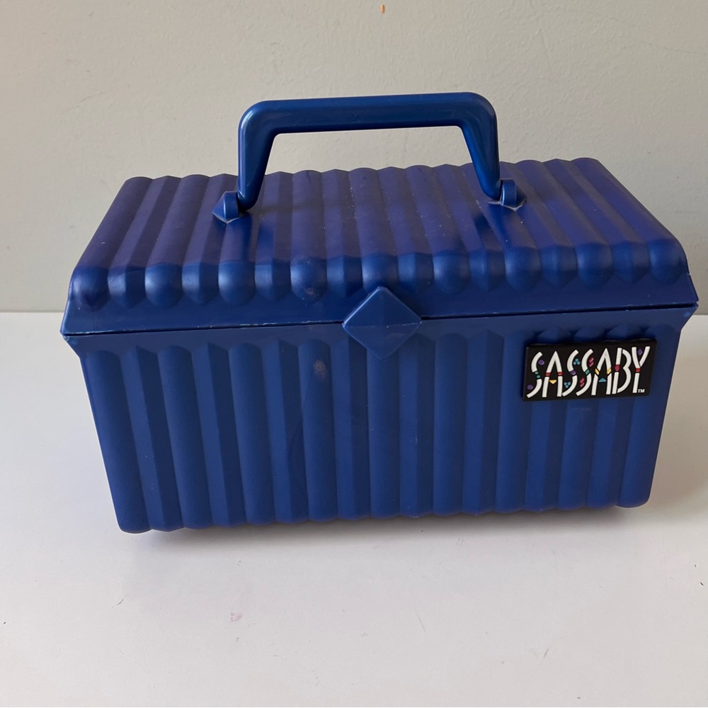 Vintage Sassaby Blue Makeup Storage Case Jewelry Box Organizer #107 Tray Mirror